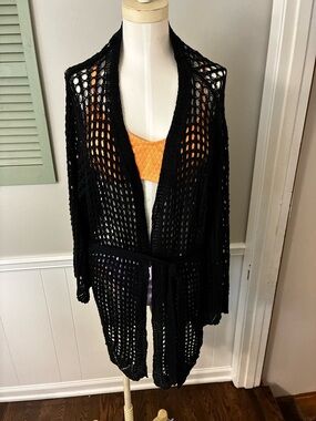 Black Open-Knit Swim Coverup with Tie Belt